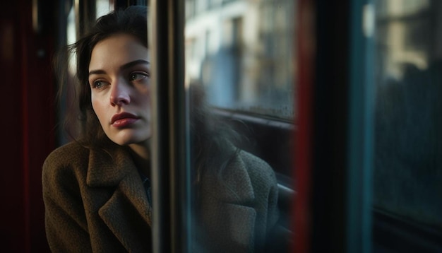 una mujer mirando por una ventana en un autobús