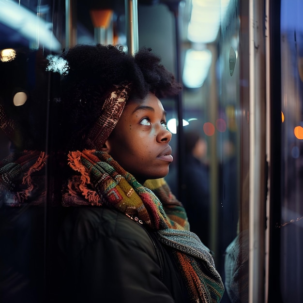 Foto una mujer está mirando por una ventana en un autobús