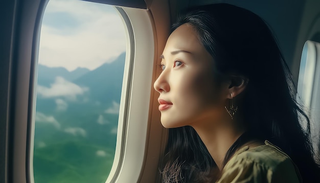 mujer mirando por la ventana de un avión a reacción