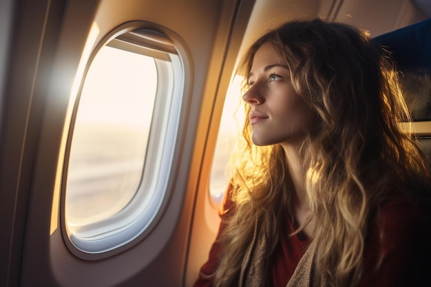 una mujer mirando por una ventana de un avión con una ventana que dice un en él