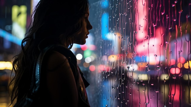 una mujer mirando por una ventana a una ciudad por la noche