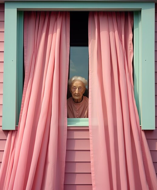 una mujer mirando por una ventana con una cortina rosa que dice abuela