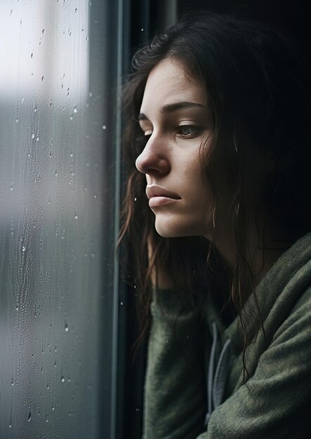 una mujer mirando por una ventana con gotas de lluvia en su cara