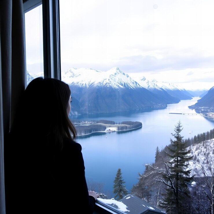 Mujer mirando por la ventana el hermoso paisaje del fiordo