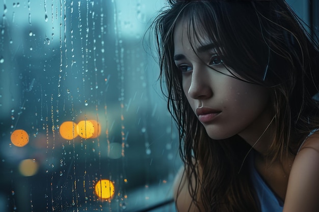 Mujer mirando por la ventana bajo la lluvia