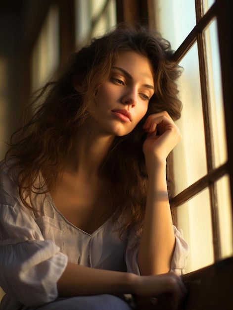 Una mujer mirando por la ventana con los ojos cerrados.