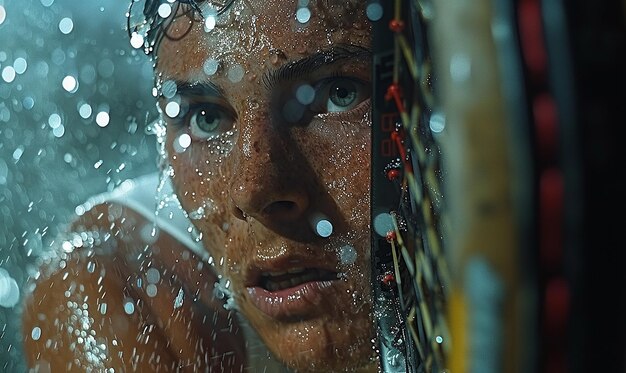 una mujer mirando por una ventana con un reflejo de una mujer en el agua