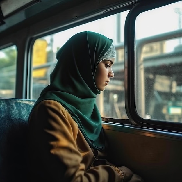 Una mujer mirando por la ventana de un tren