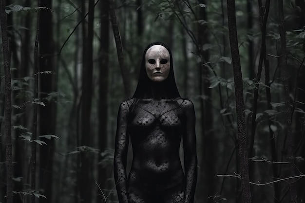 Mujer misteriosa enmascarada en un bosque
