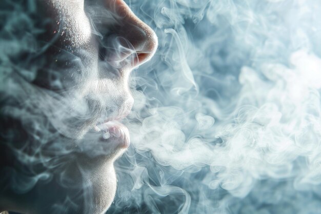 Una mujer misteriosa exhala un remolino de humo creando una escena hipnotizante y mágica