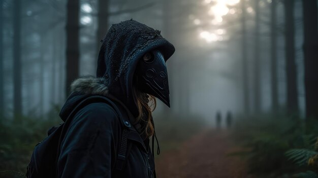 Una mujer misteriosa con una máscara de criatura salvaje deambula por el místico bosque brumoso.
