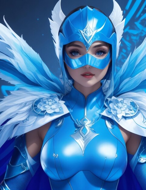 Una mujer misteriosa con un traje azul profundo con una cara blanca y un escudo azul brillante en el pecho.