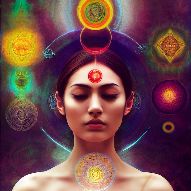 Mujer mística con chakras luces renderizado 3d