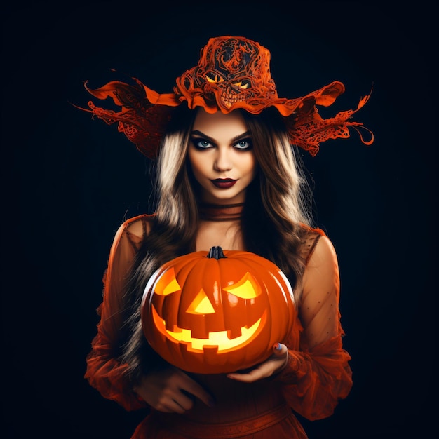 Mujer mística de Halloween en traje sosteniendo calabaza sobre fondo oscuro