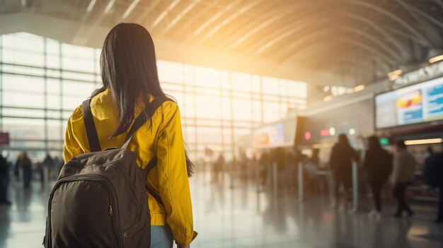 mujer con mochila en el aeropuerto