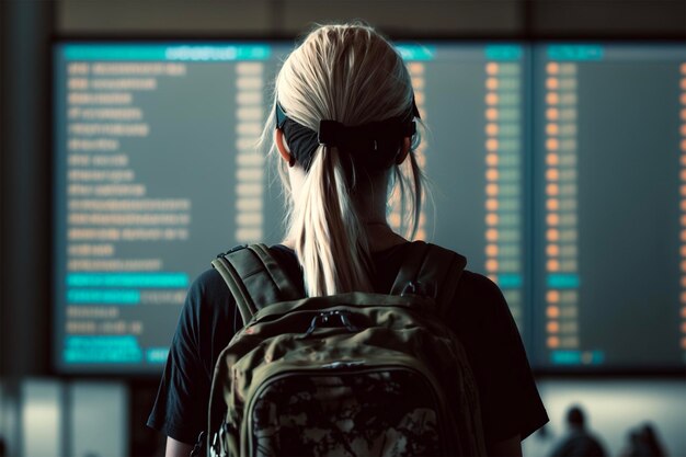 Una mujer con una mochila en el aeropuerto.