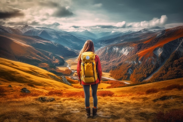 Una mujer con una mochila amarilla se encuentra en una colina frente a un paisaje montañoso.