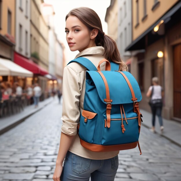 Foto una mujer con una mochila azul está caminando por una calle