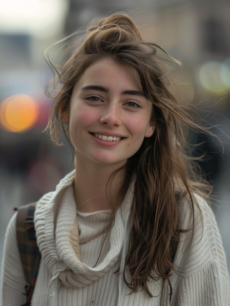Foto mujer mochila bufanda calle de la ciudad sonriente modelo de moda cara pecas nariz pelo corto humano promedio