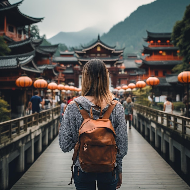 Foto una mujer con una mochila camina por un puente de madera.