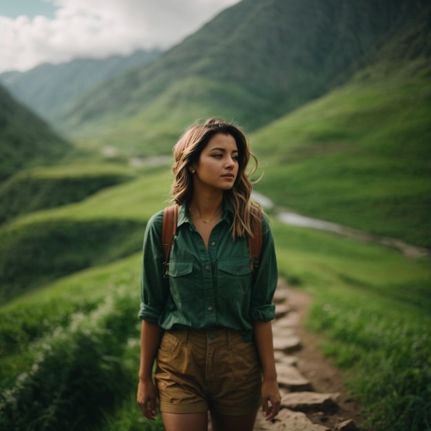 Foto una mujer con una mochila camina por un sendero en un valle