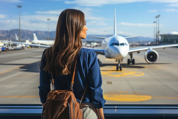 Una mujer con una mochila caminando hacia un aeropuerto Vista de atrás Aviones en el fondo