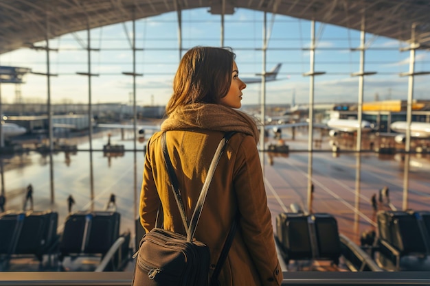 Una mujer con una mochila caminando hacia un aeropuerto Vista de atrás Aviones en el fondo