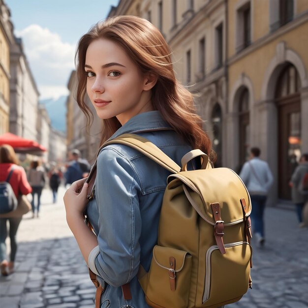 Foto una mujer con una mochila está caminando por una calle