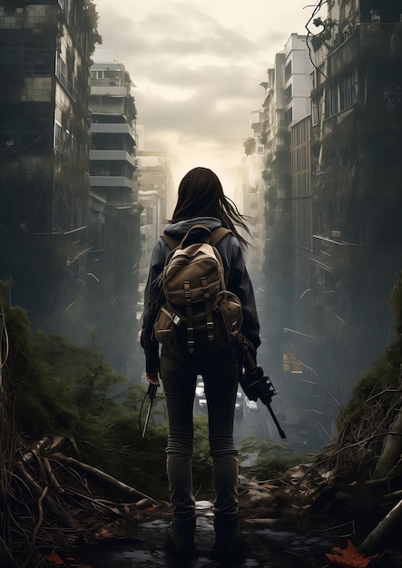 mujer mochila caminando ciudad ciudad promocional pantanos misteriosos detrás de la llave agarrando rifle destrozado