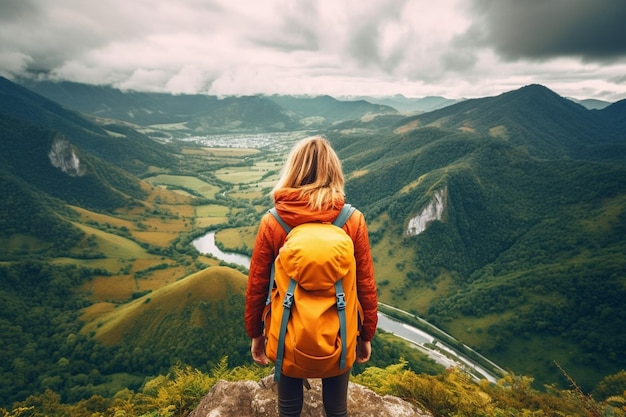 Una mujer con una mochila se para en la cima de una montaña mirando un valle.