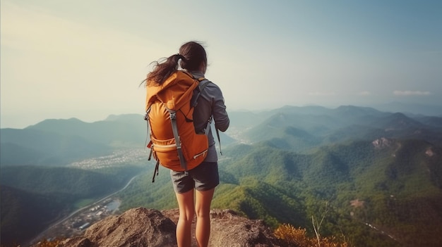 Una mujer con una mochila se encuentra en la cima de una montaña mirando las montañas.