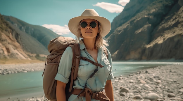 Una mujer con una mochila se encuentra en una playa rocosa frente a una montaña.