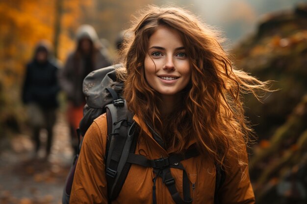 Una mujer con una mochila en la espalda camina por el bosque.