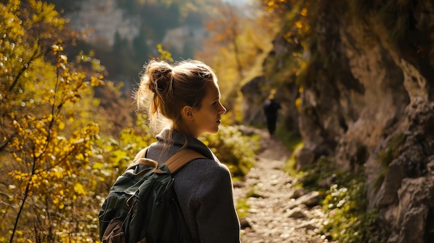 Una mujer con una mochila está caminando activamente por un sendero en las montañas