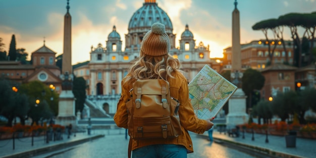 Mujer con mochila estudiando el mapa