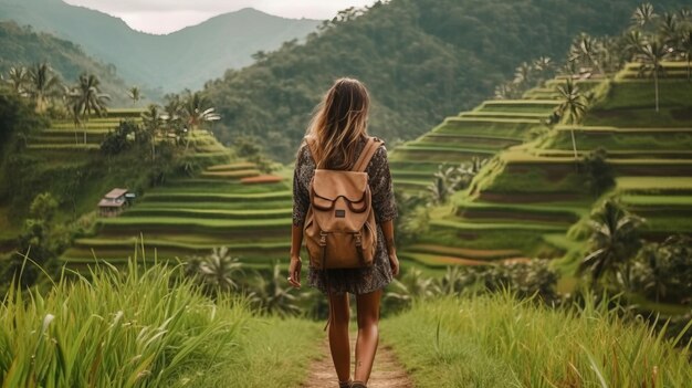 Mujer con mochila explorando Bali Indonesia