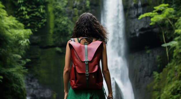 una mujer en una mochila frente a una cascada