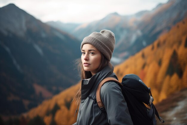 Una mujer con una mochila se para frente a un paisaje montañoso.