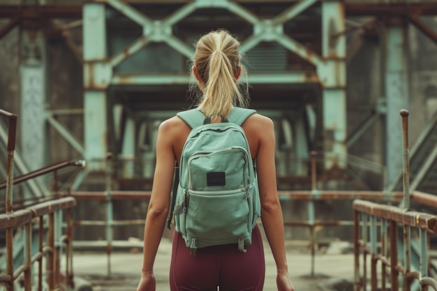 Mujer con mochila frente a un puente contemplando un viaje