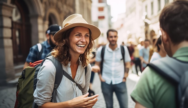 Una mujer con una mochila y gafas de sol está sonriendo a la cámara