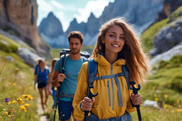 Una mujer con una mochila grande en la espalda está sonriendo mientras sube a la montaña