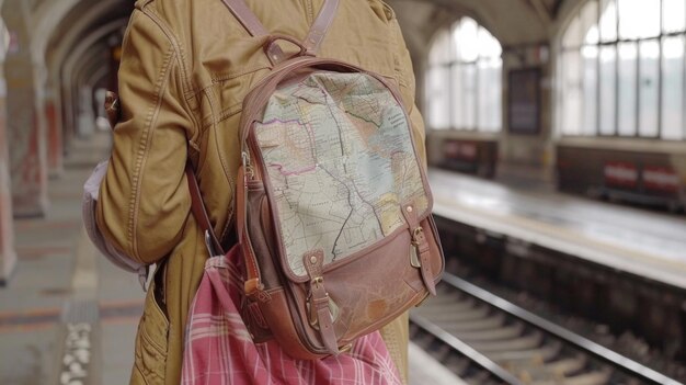 una mujer con una mochila de mapa en la estación de tren