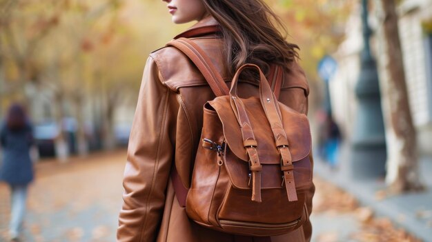 Mujer con mochila marrón caminando por la calle de vuelta a la escuela