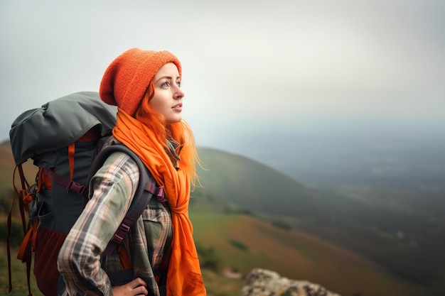 Una mujer con una mochila mira hacia un paisaje montañoso.