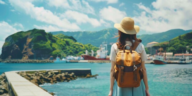 Foto una mujer con una mochila mirando hacia el agua, adecuada para blogs de viajes o sitios web de aventuras al aire libre.