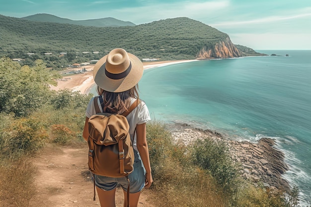 Foto una mujer con una mochila está parada en un acantilado con vista al mar.