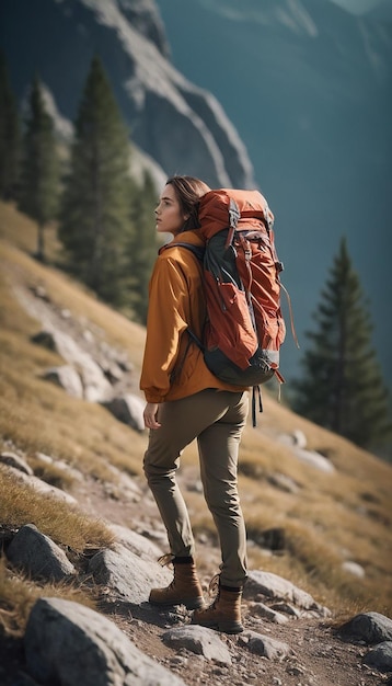 Foto una mujer con una mochila está de pie en una montaña con montañas en el fondo