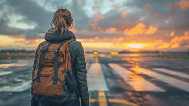 Foto mujer con mochila de pie en la pista