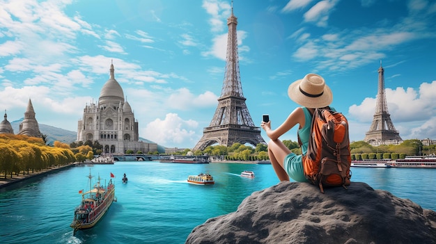 Foto una mujer con una mochila se sienta en una piedra frente a un collage de ciudades