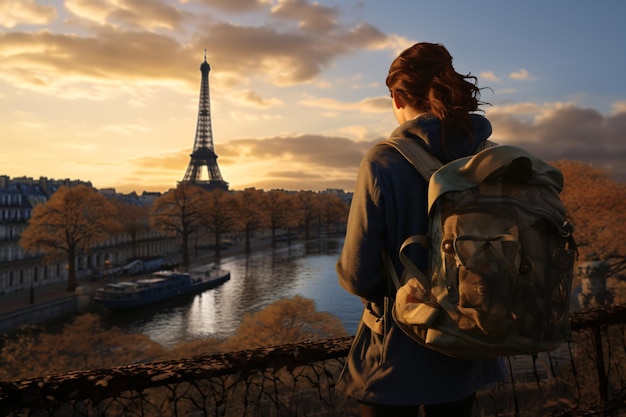 Una mujer de mochila viajera mirando la Torre Eiffel en París, Francia